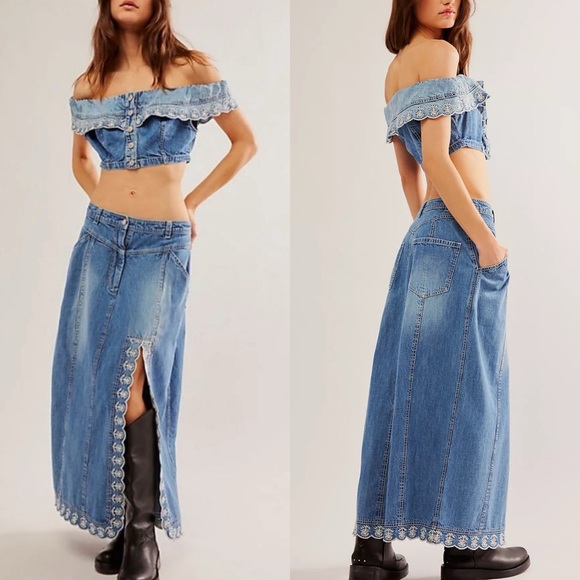 Free People Dresses & Skirts - FREE PEOPLE Kora Denim Off The Shoulder Embroidered Skirt Set Size 6